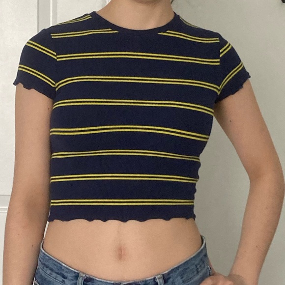 Striped Yellow & Blue Ribbed Crop Top - Picture 2 of 2